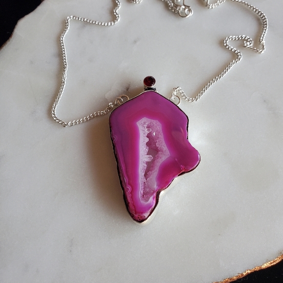 New Pink Agate Druzy & Garnet 925 Silver Necklace. - Picture 7 of 14